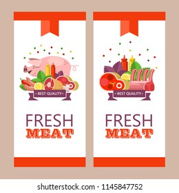 Fresh meat. Vector illustration. Environmentally friendly product. Agricultural products. A set of different meat products and a cute pig.
