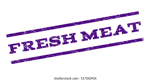 Fresh Meat watermark stamp. Text tag between parallel lines with grunge design style. Rubber seal stamp with unclean texture. Vector indigo blue color ink imprint on a white background.