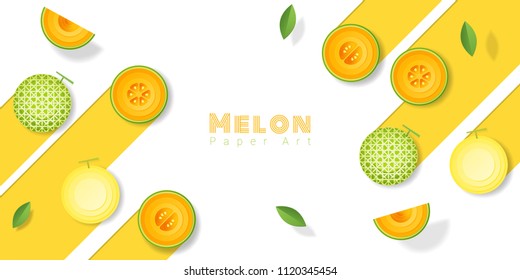 Fresh melon fruit background in paper art style , vector , illustration