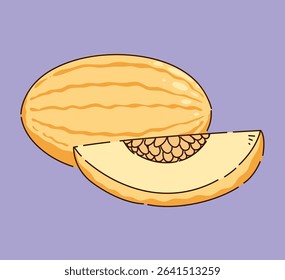 A fresh melon and a slice displayed on a vibrant purple background that stands out