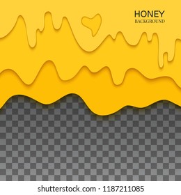 Fresh melting dripping honey drops on transparent background made in paper cut style. Isolated vector illustration.
