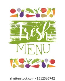 Fresh Menu Banner Template With Organic Vegetables Seamless Pattern, Helthy Vegetarian Food Vector Illustration
