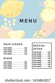 Fresh Menu. Vector Isolated Graphic Design Illustration Art. Menu for cafe, bistro, bar, restaurant. Perfect for business. Fresh, abstract, natural, cartoon, flat, cute, funny, fashion, modern