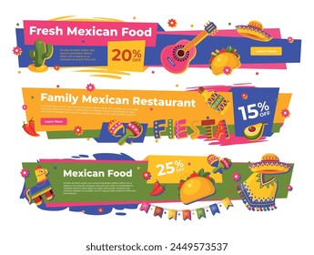 Fresh Mexican food fiesta family restaurant banner landing page design template set vector illustration. Traditional Mexico meal tacos avocado spicy sale discount header with sombrero and maracas