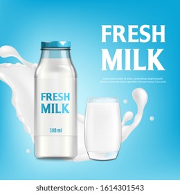 Fresh milk advertising banner or promotion poster, placard template with dairy product bottle and glass of milk, 3d realistic vector illustration on blue background.