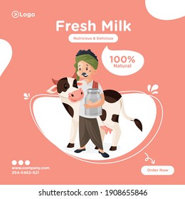 Fresh milk banner design. Milkman holding container and standing with a cow. Vector graphic illustration.