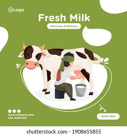 Fresh milk banner design. Milkman is extracting milk from the cow in the bucket. Vector graphic illustration.