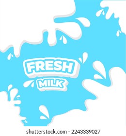 Fresh milk banner with,splash,drops on white and blue background for branding, logo, template, label, emblem and shop, packaging, packing and advertising. Vector