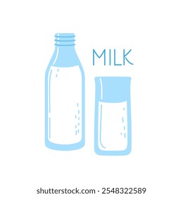 Fresh milk in a bottle and glass placed together on a bright background