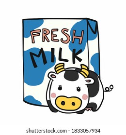 Fresh Milk box and cute cow cartoon vector illustration