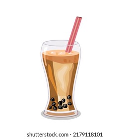Fresh milk bubble tea in a tall clear glass There is a large tube on top.Isolated vector illustration on a white background.
