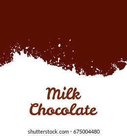 Fresh milk chocolate splash wave stream, isolated brown background. Organic design template, tag for cafe, market, package. Hand drawn lettering card, watercolor ink dry brush stroke. Abstract vector.