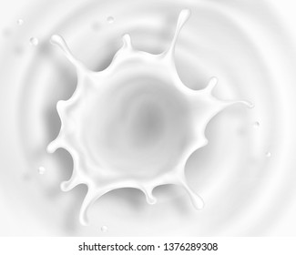 Fresh Milk crown splash in a milk pool. Viewed from the top. With circle ripples. Vector illustration