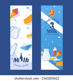 Fresh milk and dairy products banner, vector illustration. Daily fresh organic food from local farm, milk, butter and cottage cheese icons. Premium quality, tasty delicious dairy products, pack label