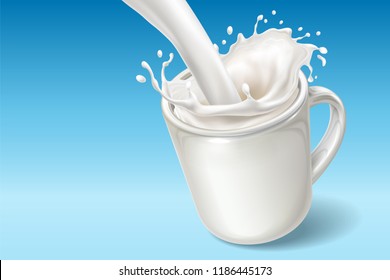 Fresh milk falling in ceramic cup with spatters. Milkshake pouring into dish with splash or dash. Realistic yogurt flow. Natural drink and healthy vegan dessert, nutritious beverage and milky theme