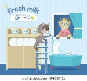 Fresh Milk. Farm house.  Funny cat drinks milk from the straw, the cow peeks out into the window.