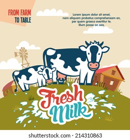 Fresh milk from farm to table advertising poster with cows and label