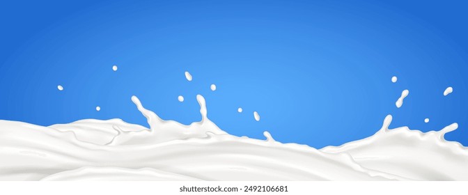 Fresh milk flowing with splatters realistic vector illustration. Liquid cream. Dairy farm product splashes 3d object on blue background