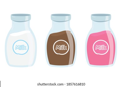 Fresh milk in glass bottles, cartoon vector. Full cream, chocolate, and strawberry milk in a small glass bottles