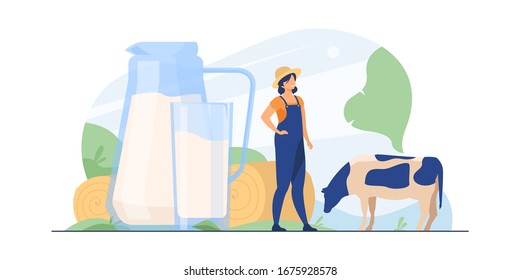 Fresh milk in glass jug. Cow pasturing on farming field. Vector illustration for farm food, nutrition, diet, calcium, casein concept