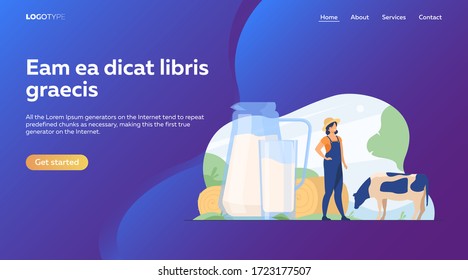 Fresh milk in glass jug. Cow pasturing on farming field. Vector illustration for farm food, nutrition, diet, calcium, casein concept