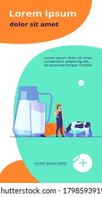 Fresh milk in glass jug. Cow pasturing on farming field. Vector illustration for farm food, nutrition, diet, calcium, casein concept