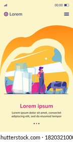 Fresh milk in glass jug. Cow pasturing on farming field. Vector illustration for farm food, nutrition, diet, calcium, casein concept