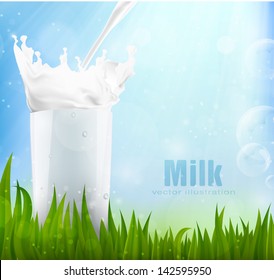 Fresh milk in the green grass with the sun