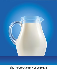 fresh milk in jug on blue background