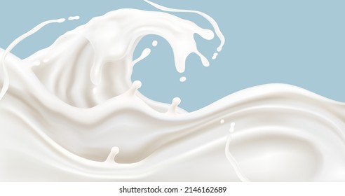 Fresh milk liquid splashing isolated on solid color background. Realistic vector in 3D elements. Food and Drink concepts.