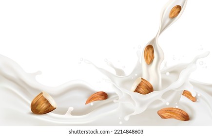 Fresh milk and Liquid of yogurt drink splashing isolated on white background. Realistic vector in 3D elements. Food and Drink concepts.