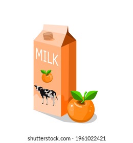 Fresh milk mixed with orange juice in orange paper box.The milk carton has the shape of an orange and a cow on its side.With citrus fruit placed on its side.Vector illustration.