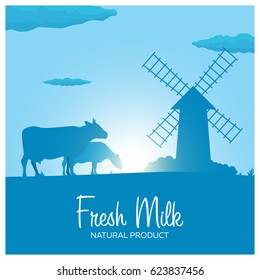 Fresh Milk natural product. Rural landscape with mill and cows. Dawn in the village