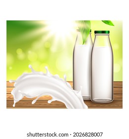 Fresh Milk Organic Product Promotion Banner Vector. Fresh Milk Blank Glass Bottles And Splash On Wooden Table, Advertising Poster Decorated Tree Branch Leaves. Style Concept Template Illustration