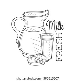 Fresh Milk Product Promo Sign In Sketch Style With Jug, Glass And Biscuits , Design Label Black And White Template