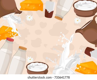 Fresh milk products pattern Vector. Cheese, sour cream, milk bottle