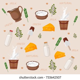 Fresh milk products pattern Vector. Cheese, sour cream, milk bottle