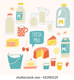 Fresh milk set. Dairy products - milk, yogurt, cheese, butter, milkshake. Vector illustration, isolated on white. Vector hand drawn eps 10 clip art illustration isolated on white background.