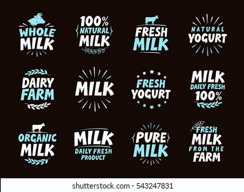 Fresh milk set logo, label, element. Dairy product emblem, template, symbol. Vector illustration
