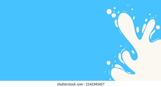 Fresh milk splash on blue background. White dairy product flowing from right side. Flat vector illustration for banner, poster, website advertising