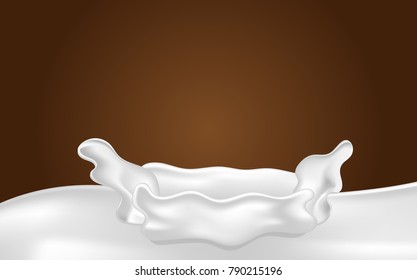 Fresh milk splash on brown chocolate background. Drink and Vitamin concept. Illustration vector