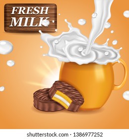 Fresh milk splashes in orange cup with chocolate cookies.