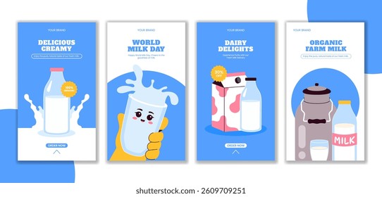 Fresh Milk Theme Social Media Stories for World Milk Day in Flat Cartoon Style