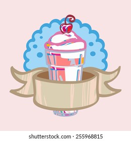 Fresh milkshake with ribbon and cherry cafes