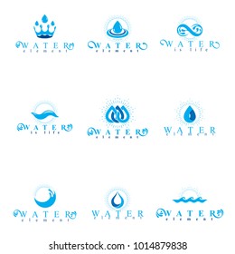 Fresh mineral water design emblems like water drops, H2O symbols, wave splash and limitless logotypes. Cleaning services business logos, water treatment concept.