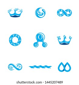 Fresh mineral water design emblems like water drops, H2O symbols, wave splash and limitless logotypes. Cleaning services business logos, water treatment concept.