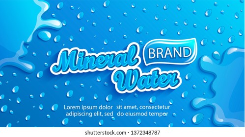 Fresh mineral water label, clean and natural with splash and drops from condensation on gradient blue background for brand,logo, template,banner, emblem and store,packaging,advertising,packing. Vector