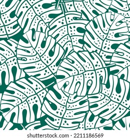 A fresh and minimalist seamless pattern with fall leaves in green line drawing.
