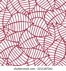 A fresh and minimalist seamless pattern with fall leaves in red line drawing.
