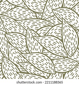 A fresh and minimalist seamless pattern with fall leaves in grey green line drawing.
